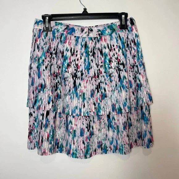 J.CREW Two Tier Pleated Skater Mini Skirt Womens Size 2 Watercolor Zip E0987 - Picture 9 of 10